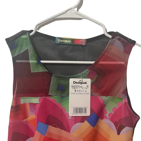 DESIGUAL Margaret Abstract Geometric Colorful Sleeveless Dress w/Mesh Neckline - Picture 9 of 12
